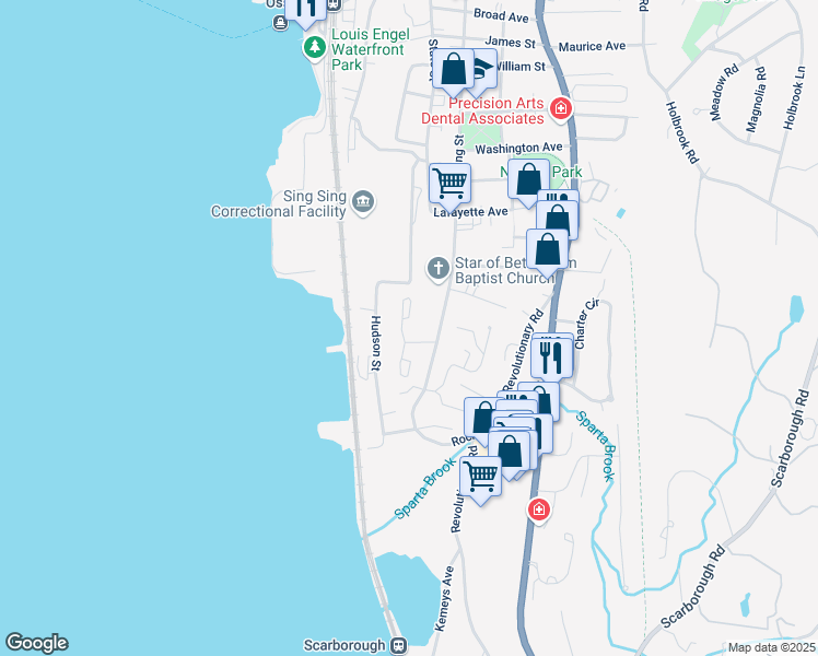 map of restaurants, bars, coffee shops, grocery stores, and more near 64 Hudson Point Lane in Ossining