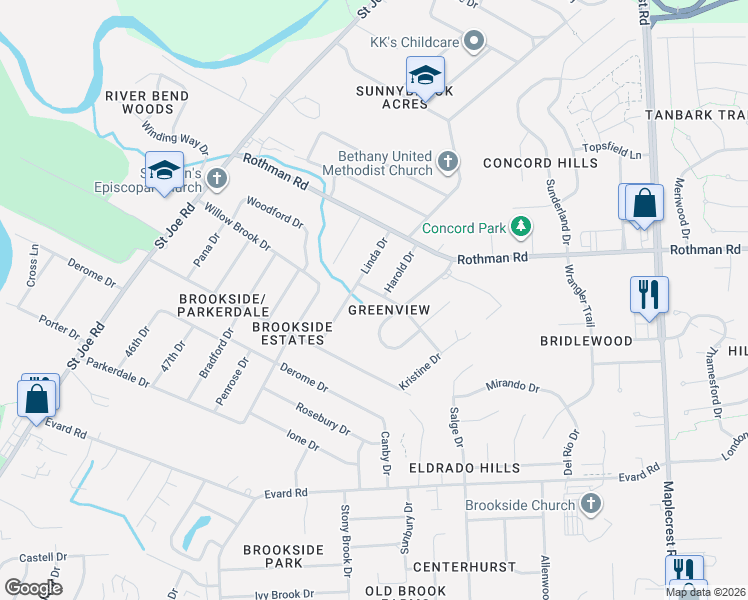 map of restaurants, bars, coffee shops, grocery stores, and more near 5334 Ray Drive in Fort Wayne