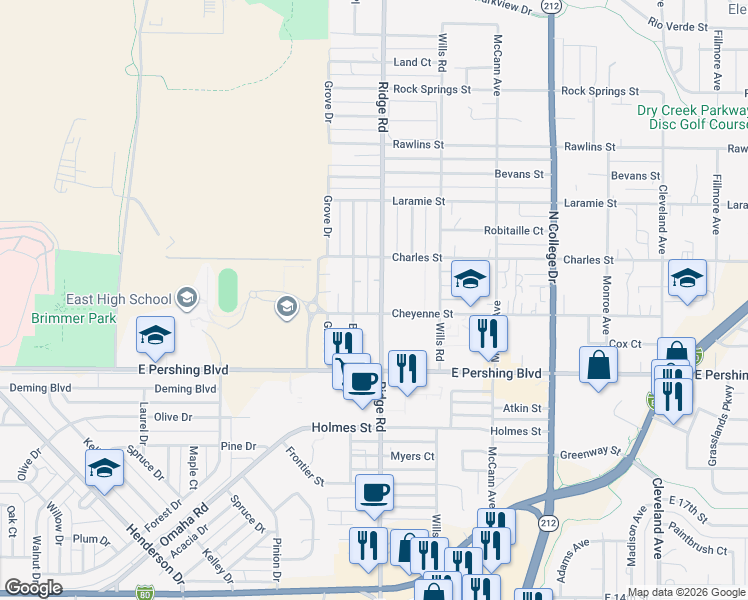 map of restaurants, bars, coffee shops, grocery stores, and more near 3416 Ridge Road in Cheyenne