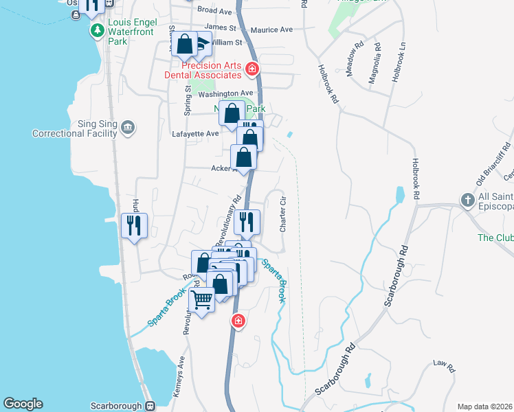 map of restaurants, bars, coffee shops, grocery stores, and more near 6 Geneva Road in Ossining