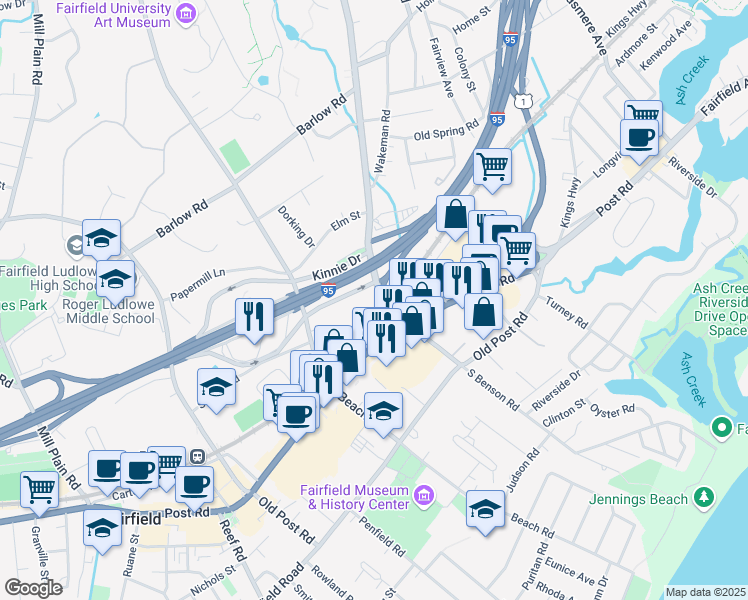 map of restaurants, bars, coffee shops, grocery stores, and more near 25 Walls Drive in Fairfield