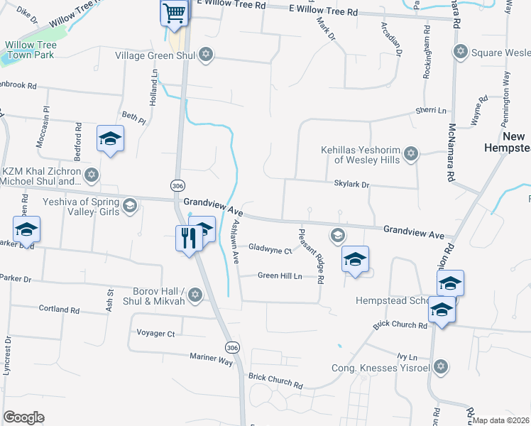 map of restaurants, bars, coffee shops, grocery stores, and more near 109 Grandview Avenue in Spring Valley