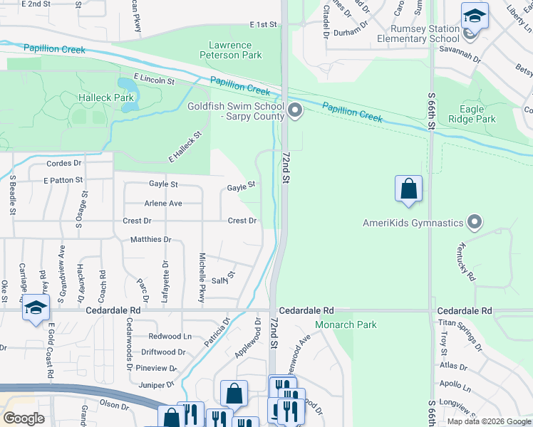 map of restaurants, bars, coffee shops, grocery stores, and more near 1021 Patricia Drive in Papillion