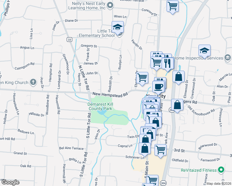 map of restaurants, bars, coffee shops, grocery stores, and more near 60 New Hempstead Road in New City