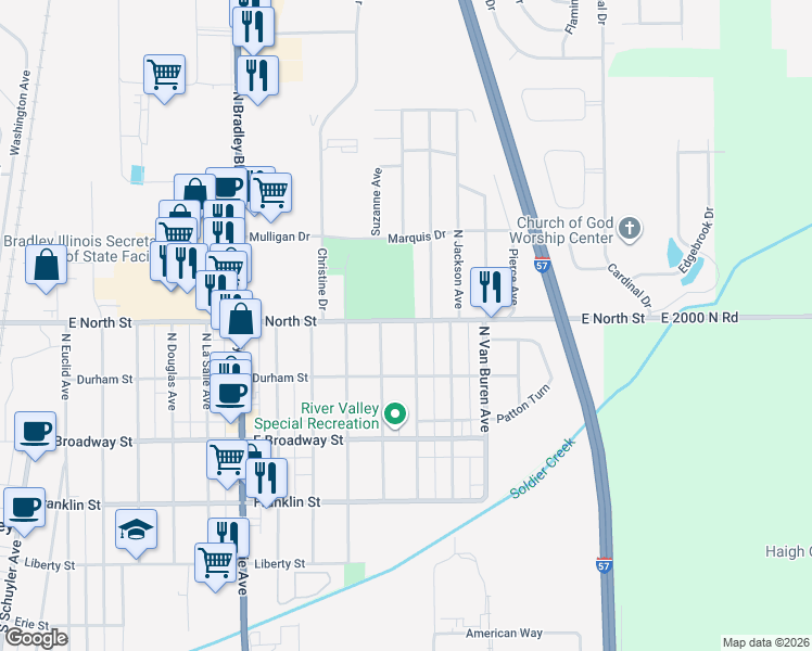 map of restaurants, bars, coffee shops, grocery stores, and more near 1360 E North St in Bradley