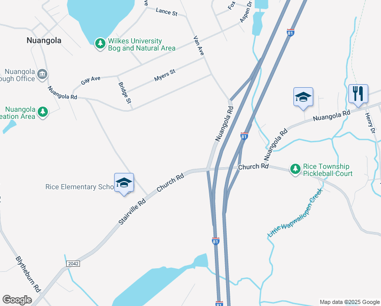 map of restaurants, bars, coffee shops, grocery stores, and more near 3415 Church Road in Mountain Top