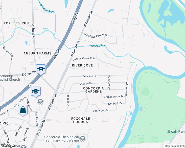 map of restaurants, bars, coffee shops, grocery stores, and more near 2405 Bellevue Drive in Fort Wayne