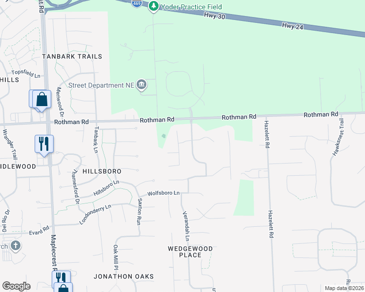 map of restaurants, bars, coffee shops, grocery stores, and more near 7226 Foxfield Drive in Fort Wayne