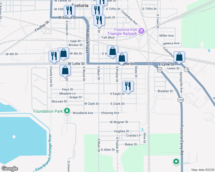 map of restaurants, bars, coffee shops, grocery stores, and more near 137 East Jones Street in Fostoria