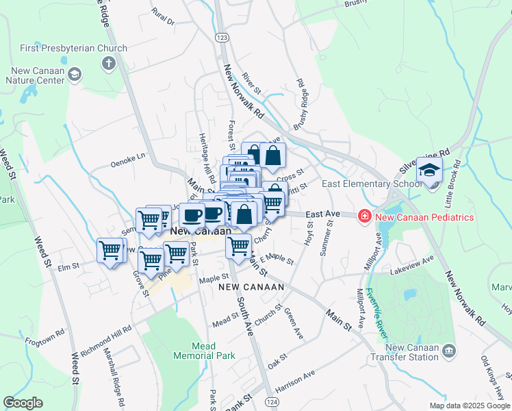 map of restaurants, bars, coffee shops, grocery stores, and more near 28 East Avenue in New Canaan
