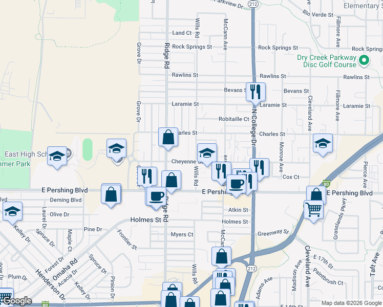 map of restaurants, bars, coffee shops, grocery stores, and more near 3410 Wills Road in Cheyenne