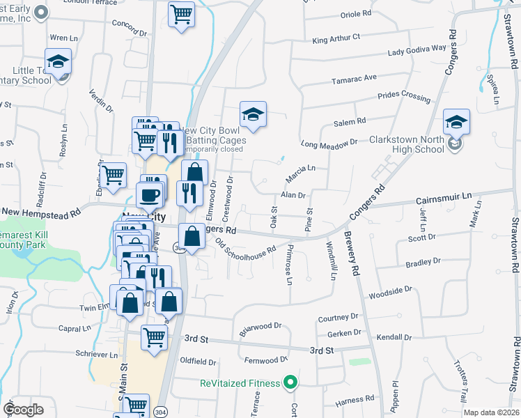 map of restaurants, bars, coffee shops, grocery stores, and more near 4 Sunrise Avenue in New City