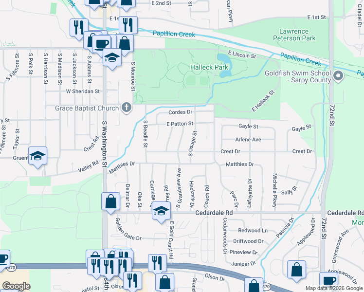 map of restaurants, bars, coffee shops, grocery stores, and more near 815 South Grandview Avenue in Papillion