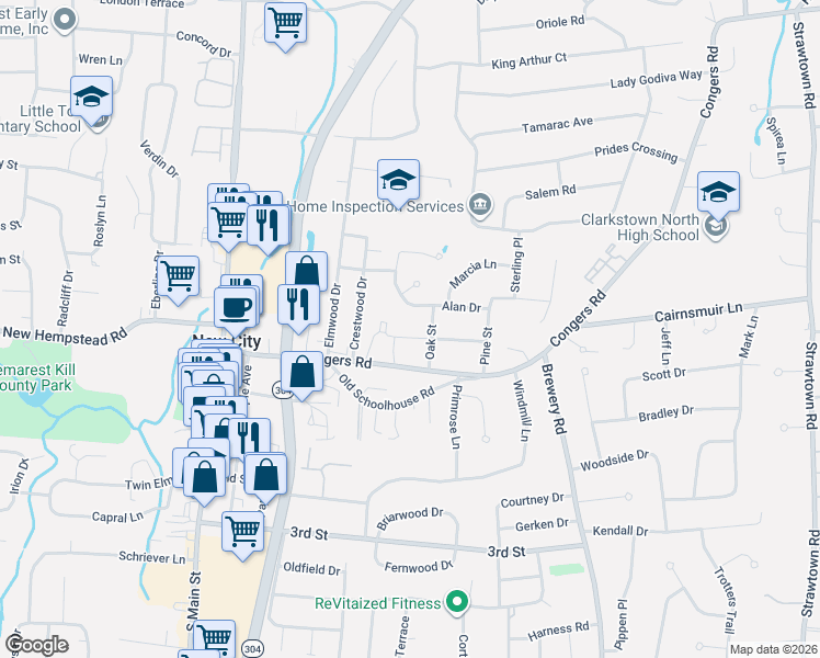 map of restaurants, bars, coffee shops, grocery stores, and more near 25 Oak Street in New City