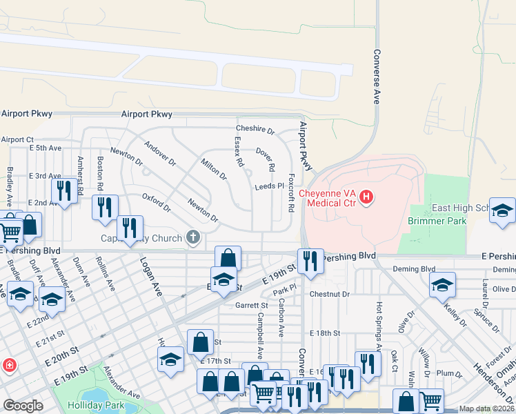 map of restaurants, bars, coffee shops, grocery stores, and more near 3433 Essex Rd in Cheyenne