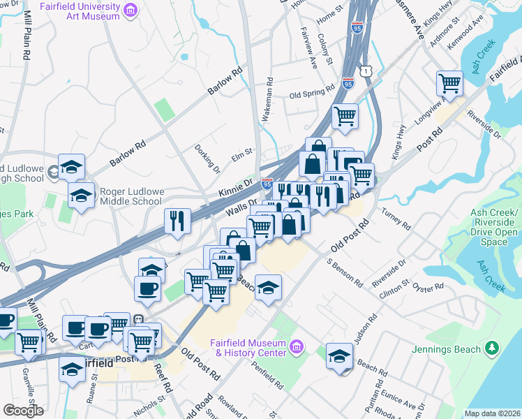 map of restaurants, bars, coffee shops, grocery stores, and more near 25 Walls Drive in Fairfield
