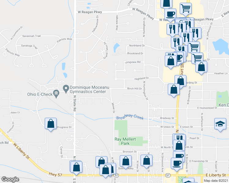 map of restaurants, bars, coffee shops, grocery stores, and more near 440 Birch Hill Drive in Medina
