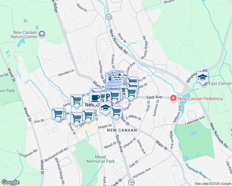 map of restaurants, bars, coffee shops, grocery stores, and more near 88 Main Street in New Canaan