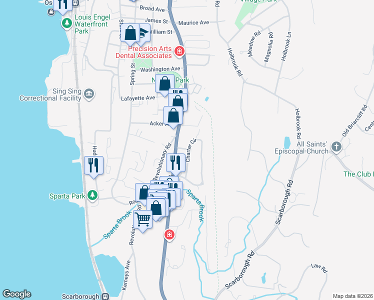 map of restaurants, bars, coffee shops, grocery stores, and more near 6 Geneva Road in Ossining