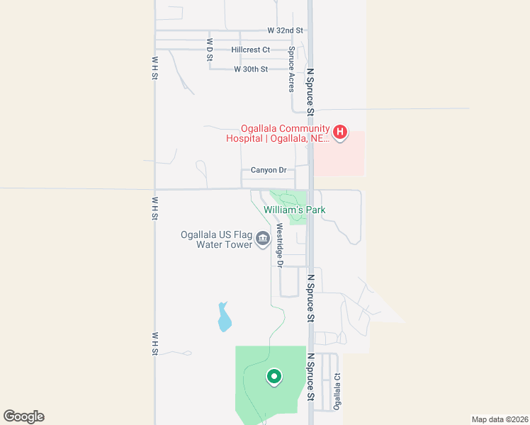 map of restaurants, bars, coffee shops, grocery stores, and more near 2303 Westridge Drive in Ogallala