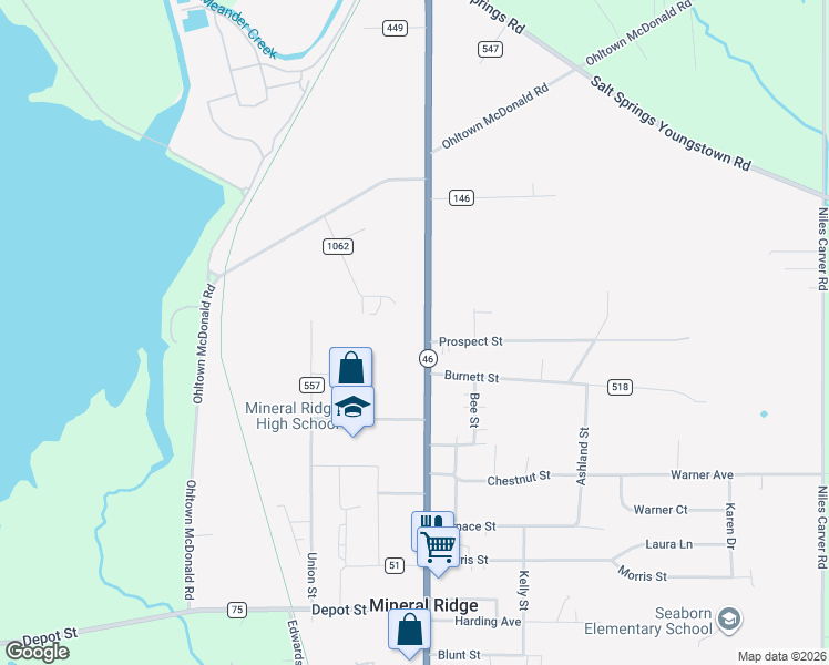 map of restaurants, bars, coffee shops, grocery stores, and more near 3484 South Main Street in Mineral Ridge