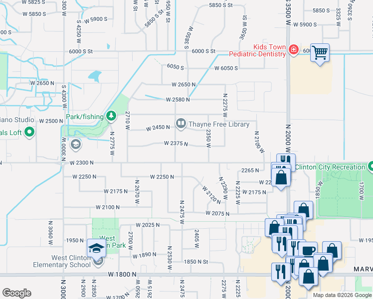 map of restaurants, bars, coffee shops, grocery stores, and more near 2437 West 2375 North in Clinton