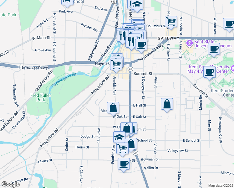 map of restaurants, bars, coffee shops, grocery stores, and more near 609 Franklin Avenue in Kent