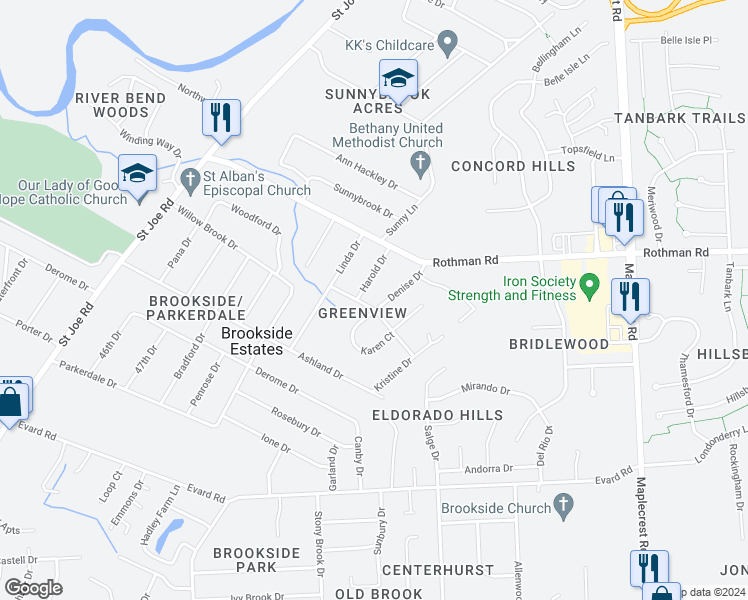 map of restaurants, bars, coffee shops, grocery stores, and more near 7209 Denise Drive in Fort Wayne