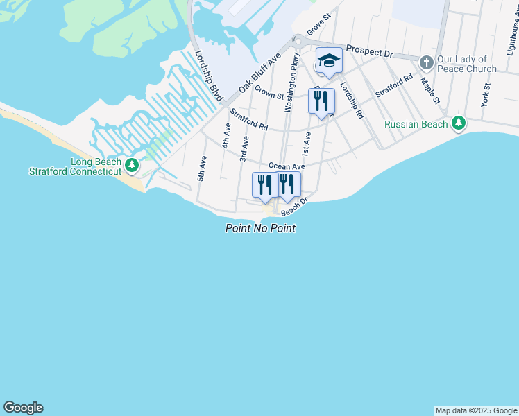 map of restaurants, bars, coffee shops, grocery stores, and more near 9 Washington Parkway in Stratford