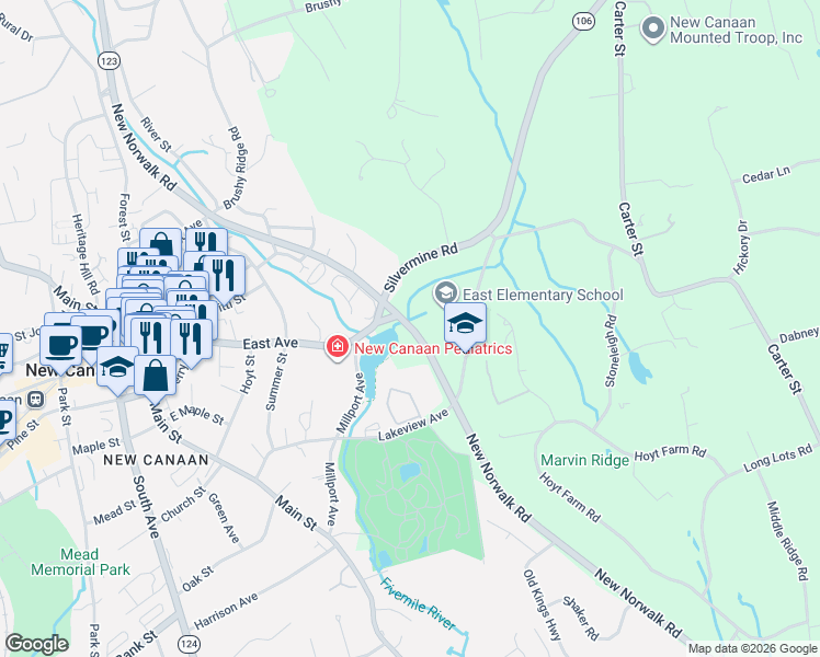 map of restaurants, bars, coffee shops, grocery stores, and more near 337 New Norwalk Road in New Canaan