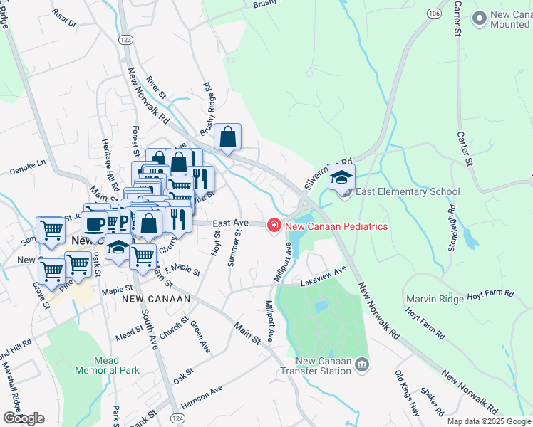 map of restaurants, bars, coffee shops, grocery stores, and more near 11 East Hills Drive in New Canaan