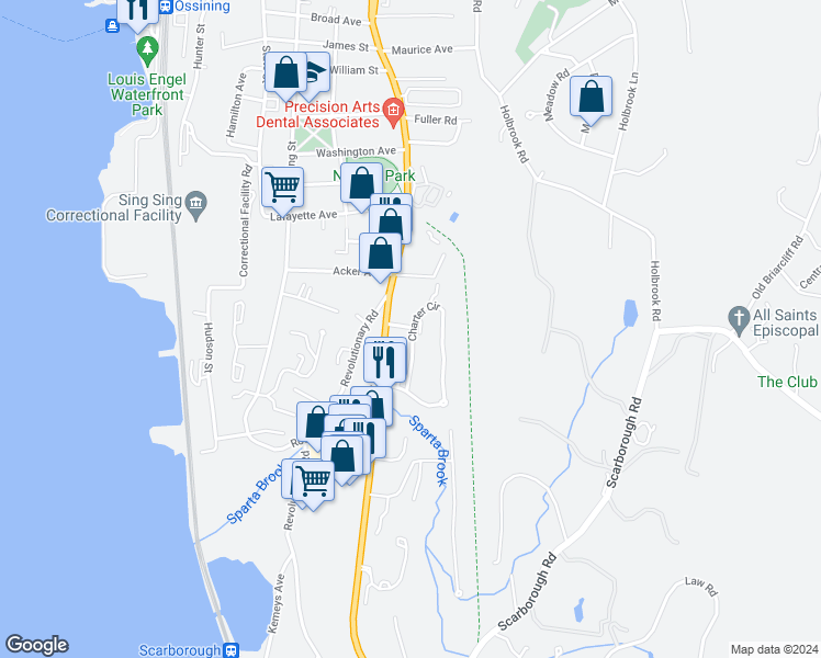 map of restaurants, bars, coffee shops, grocery stores, and more near 6 Geneva Road in Ossining