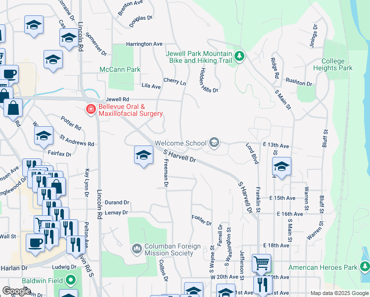 map of restaurants, bars, coffee shops, grocery stores, and more near 1205 Bellevue Boulevard South in Bellevue