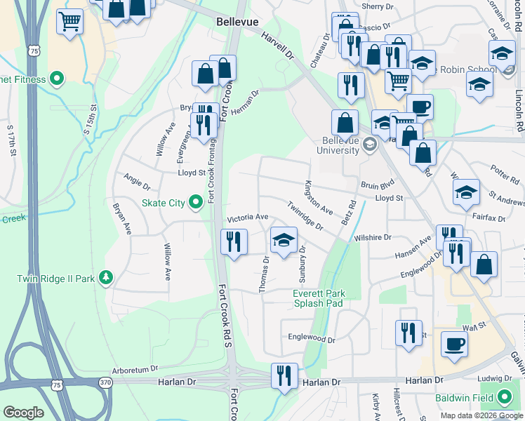 map of restaurants, bars, coffee shops, grocery stores, and more near 2302 Victoria Avenue in Bellevue