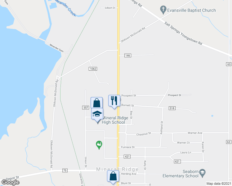 map of restaurants, bars, coffee shops, grocery stores, and more near 3484 South Main Street in Mineral Ridge