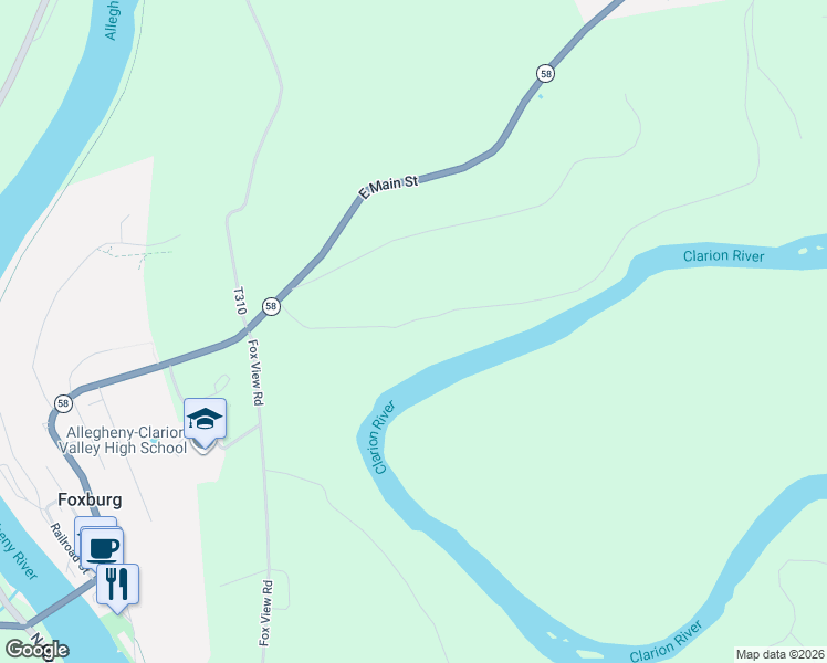 map of restaurants, bars, coffee shops, grocery stores, and more near in Foxburg