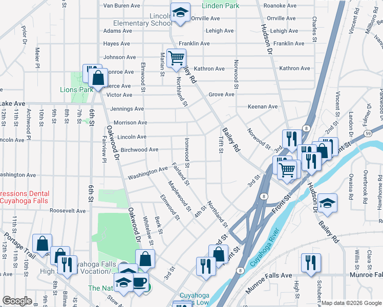 map of restaurants, bars, coffee shops, grocery stores, and more near 2759 Ironwood St in Cuyahoga Falls