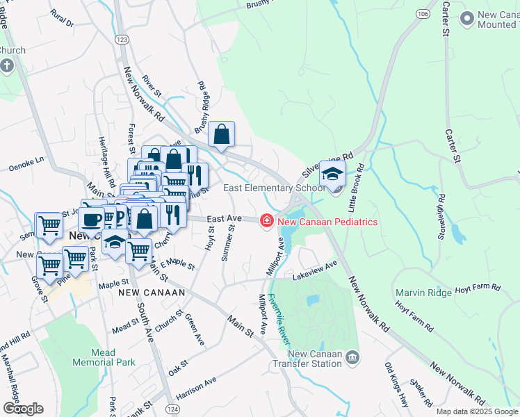 map of restaurants, bars, coffee shops, grocery stores, and more near 11 East Hills Drive in New Canaan