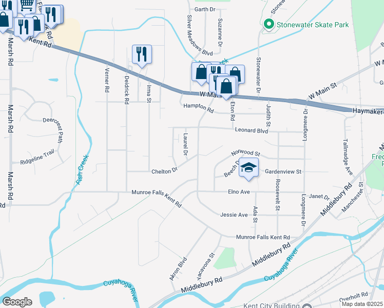 map of restaurants, bars, coffee shops, grocery stores, and more near 1221 Chelton Drive in Kent