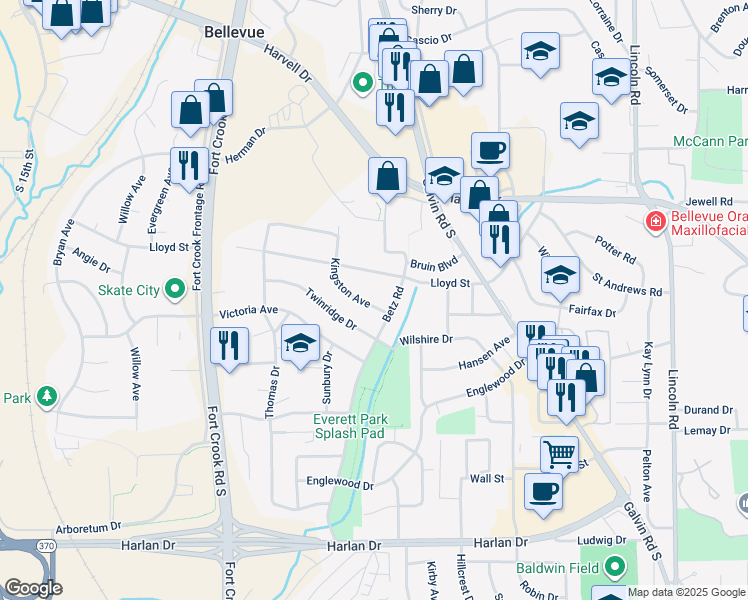 map of restaurants, bars, coffee shops, grocery stores, and more near 1121 Kingston Avenue in Bellevue