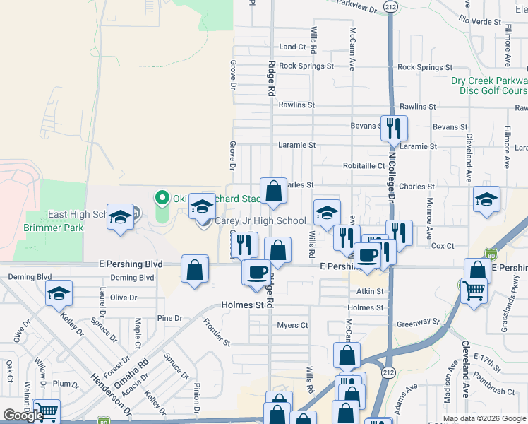 map of restaurants, bars, coffee shops, grocery stores, and more near 3416 Ridge Road in Cheyenne