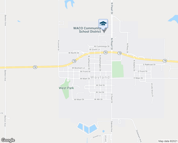 map of restaurants, bars, coffee shops, grocery stores, and more near 299 W Front St in Wayland