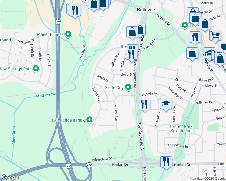 map of restaurants, bars, coffee shops, grocery stores, and more near 1213 Willow Avenue in Bellevue