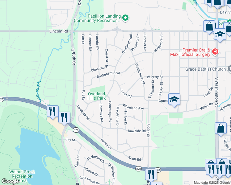 map of restaurants, bars, coffee shops, grocery stores, and more near 1104 Horseshoe Circle in Papillion