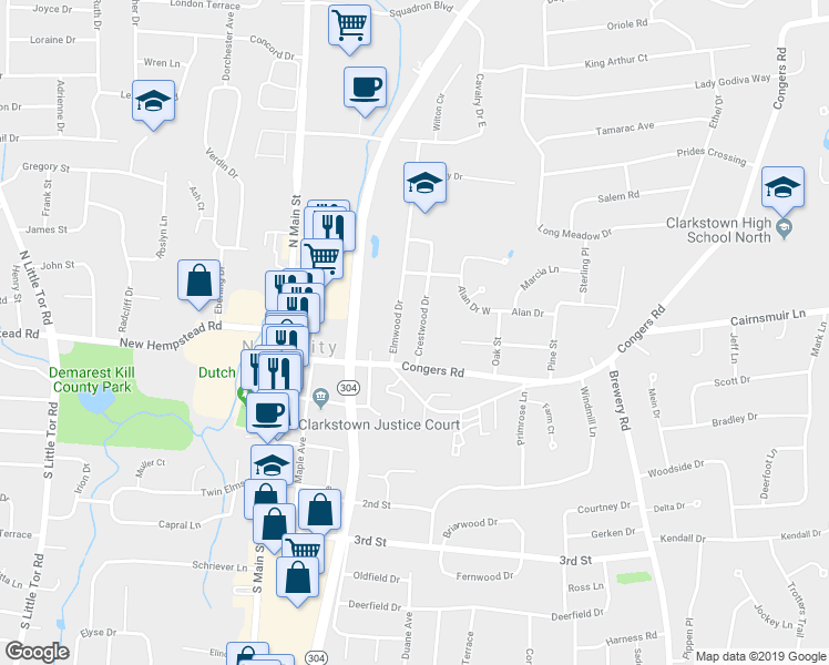 map of restaurants, bars, coffee shops, grocery stores, and more near 15 Crestwood Drive in New City
