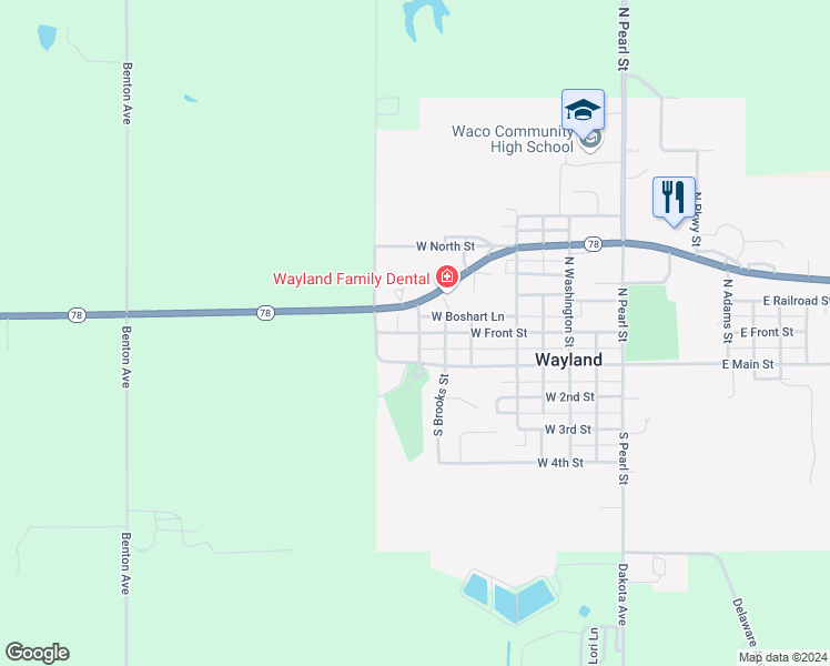 map of restaurants, bars, coffee shops, grocery stores, and more near 202B North Jackson Street in Wayland