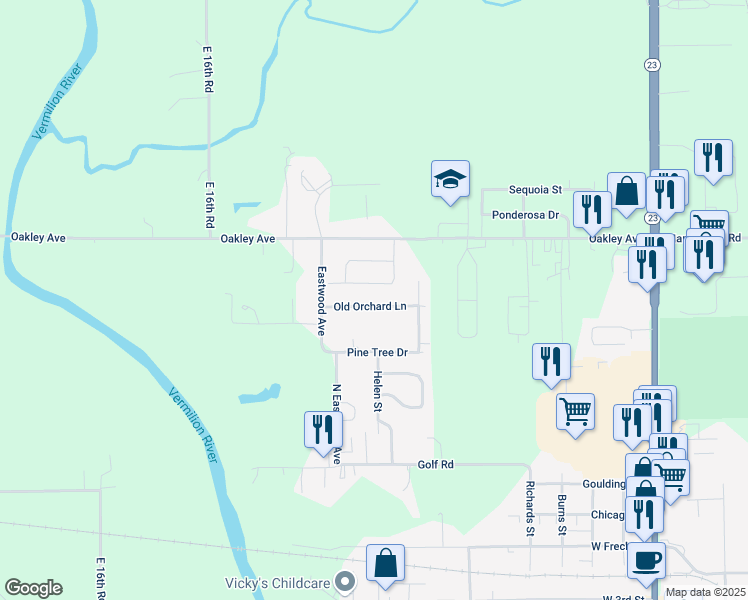 map of restaurants, bars, coffee shops, grocery stores, and more near 10 Old Orchard Lane in Streator