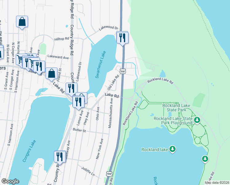 map of restaurants, bars, coffee shops, grocery stores, and more near 18 Old Lake Road in Congers