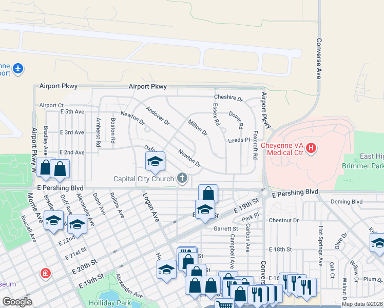 map of restaurants, bars, coffee shops, grocery stores, and more near 1879-1899 Andover Drive in Cheyenne