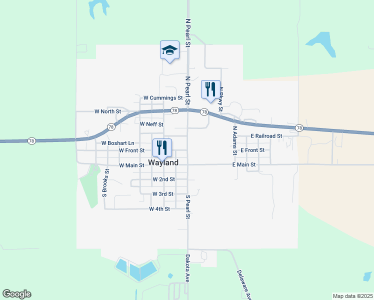 map of restaurants, bars, coffee shops, grocery stores, and more near 101 West Front Street in Wayland